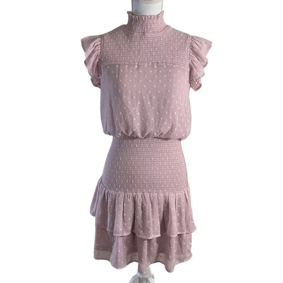 Aqua NEW Pink Swiss Dot High Neck Dress Size Small Short Sleeves Seersucker - Picture 1 of 13